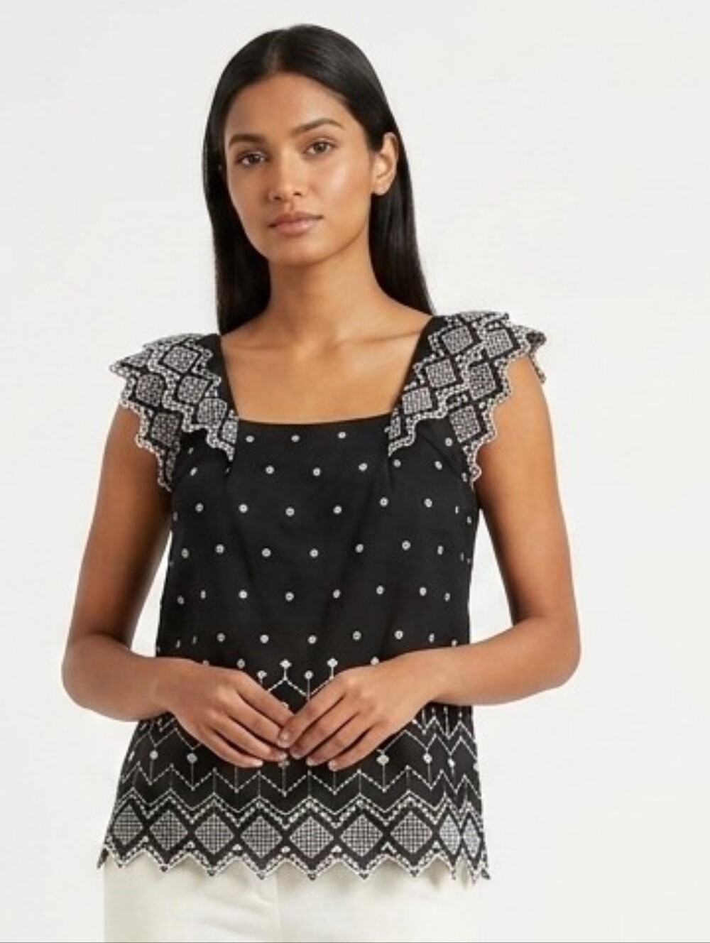 Embroidered Black Square-Neck Flutter Sleeve Top